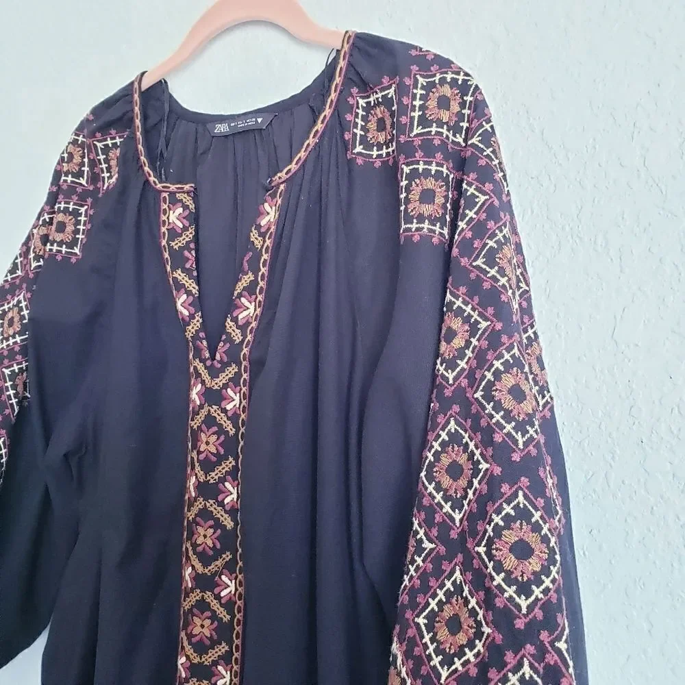 Zara Black Embroidered Balloon Sleeve Linen Dress